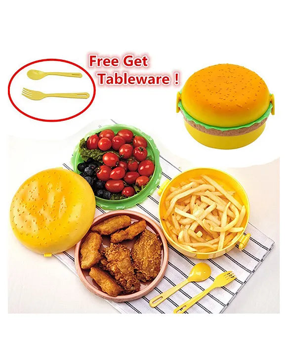 2 layer Burger Shape Lunch Box With Spoon and Fork (Color May Vary)