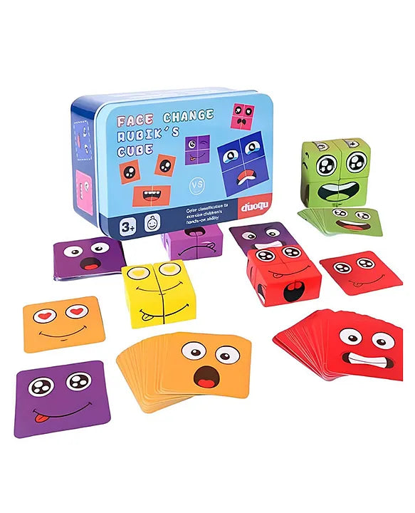 Wooden Cube Emoji Puzzle-Expression Cube Toy- 16 Cubes & Challenge Cards- Family Fun Games for Kids - Travel Board Games for Kids