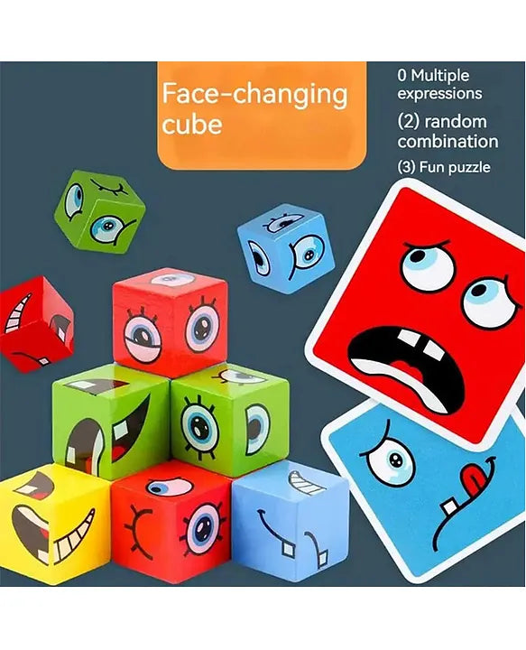 Wooden Cube Emoji Puzzle-Expression Cube Toy- 16 Cubes & Challenge Cards- Family Fun Games for Kids - Travel Board Games for Kids