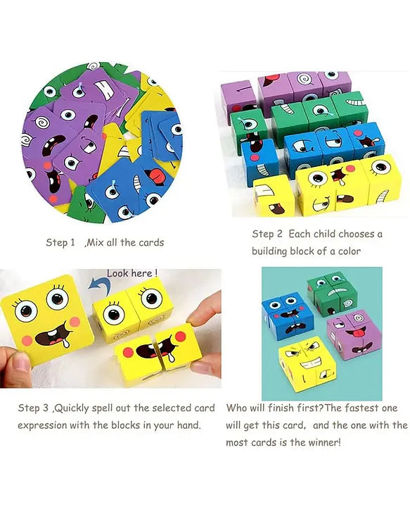 Wooden Cube Emoji Puzzle-Expression Cube Toy- 16 Cubes & Challenge Cards- Family Fun Games for Kids - Travel Board Games for Kids