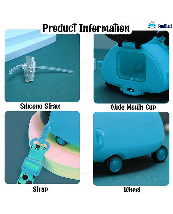 Spot Hunt Bug Shaped Water Bottle with Moving Wheels, Strap & Sipper Blue - 550 ml
