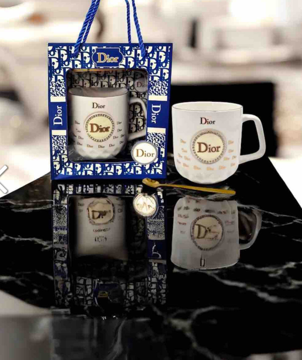 ceramic mug Starbucks, Dior, Louis Vuitton, Chanel, and Gucci.