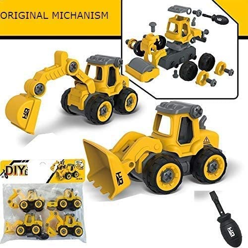 Spot Hunt Toy Vehicles Set of 4 DIY Take Apart Toys Construction Trucks with 1 Screwdriver Tools, Kids Building Cars , Bulldozer, Road Roller, Drill Truck (Yellow)