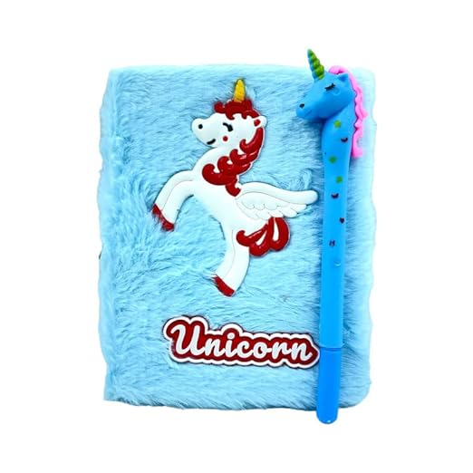 Unicorn Fur Diary for Girls Personal A6 Size Diary Fur Notebook with Ruled Page Approx. 180 Pages Soft Cute Fur Cover Diary for Girls (UNICORN FUR DIARY) with Gel Pen (Blue)