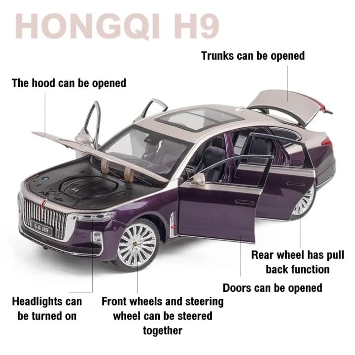 HONGQI RED Flag H9 1:24 Diecast Scale Model Metal Pull Back Toy car for Kids with Openable Doors & Light, Music Toy Vehicle for Kids - Colors as Per Stock(Design-62)