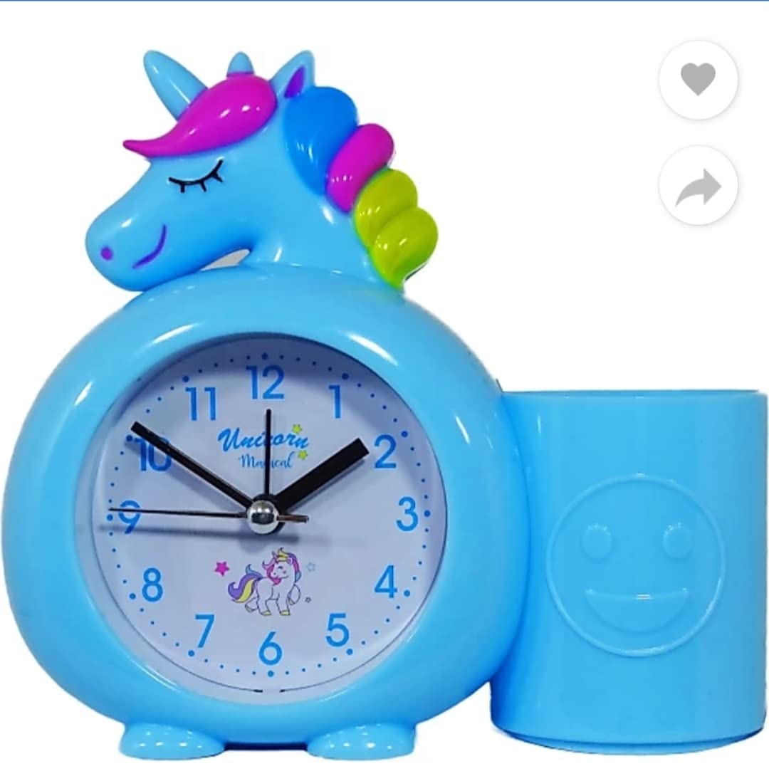 Spot Hunt Present Unicorn Table Battery Operated Alarm Clock with Pen Pencil Stand for Kids/Girls Decoration Room Cartoon Unicorn_Blue_13 X 14 X 5.5