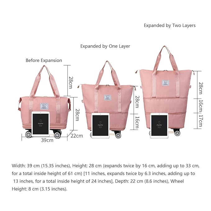 Expandable Large Capacity Weekender and Gym Tote for Women: Versatile Travel Duffle with Detachable Wheels