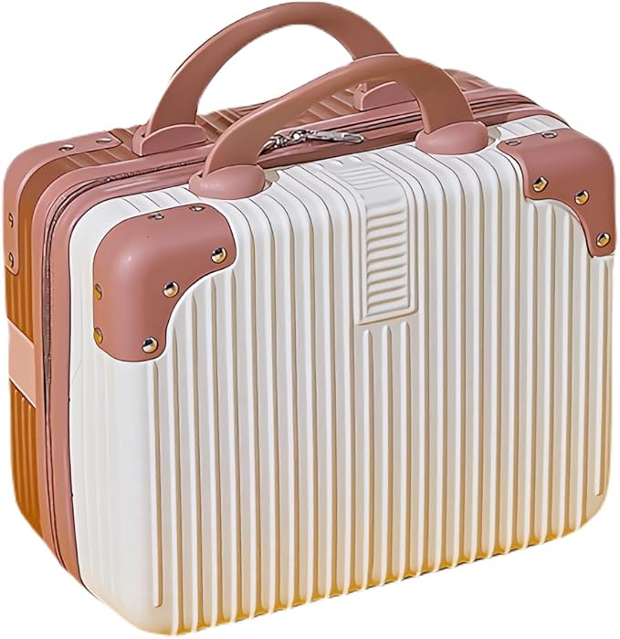 Portable Makeup Travel Briefcase, 12.6 inches, Pressure-resistant ABS, Hard shell cosmetic bag, suitable for travel, camping, women, girls, beige, stripes