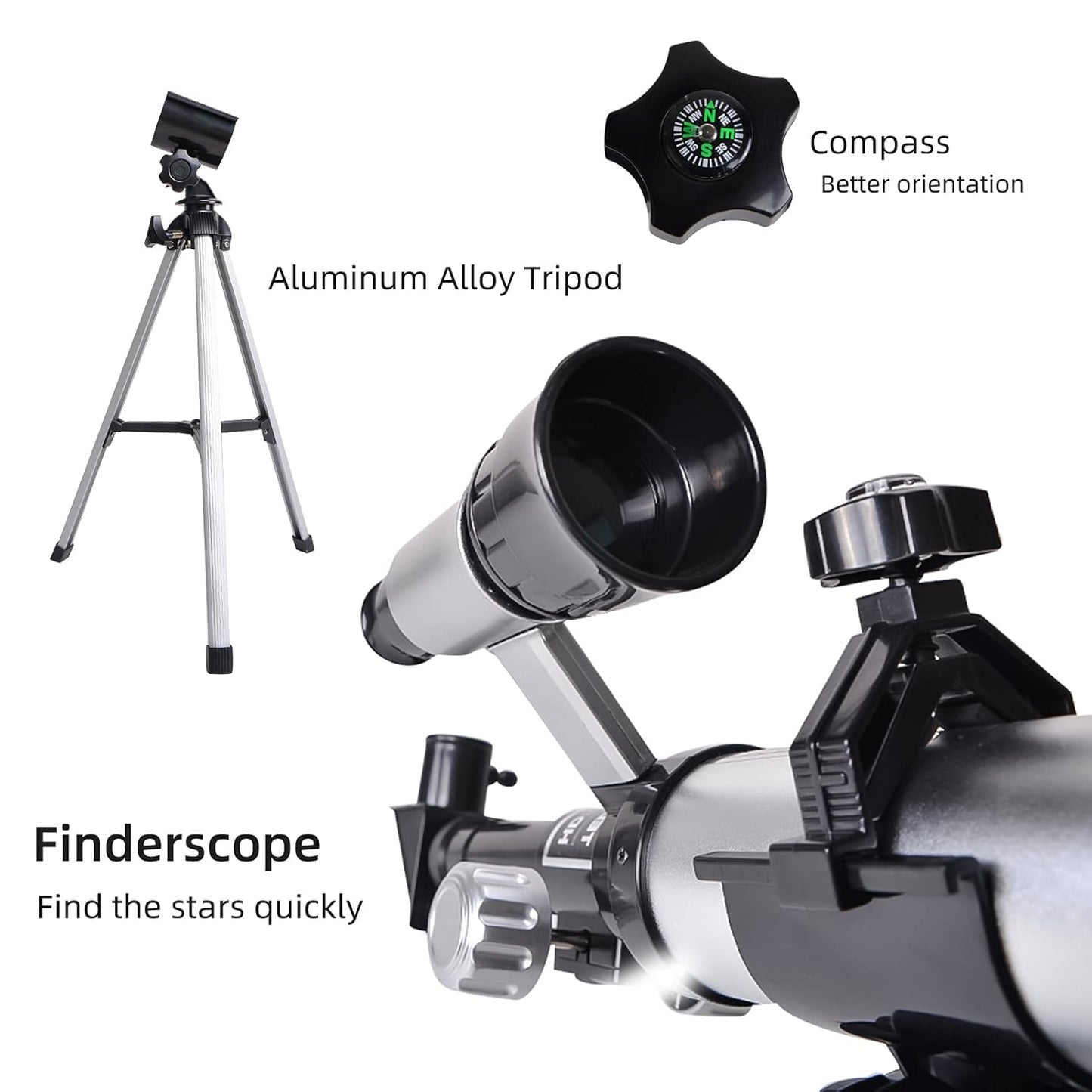 Telescopes for Kids Adults Beginners 50mm Alloy Aperture Astronomical Refractor Telescope 100mm Objective Lens 60x Magnification with Adjustable Tripod Finderscope Compass Birtay Gift for Girl