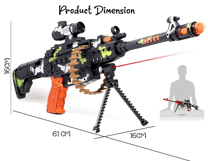Plastic Musical Army Style Toy Machine Gun for Kids with Vibration - 25 Inches, 3 Yrs & Up, Multicolour