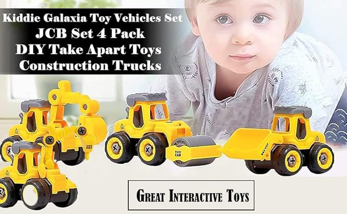 Spot Hunt Toy Vehicles Set of 4 DIY Take Apart Toys Construction Trucks with 1 Screwdriver Tools, Kids Building Cars , Bulldozer, Road Roller, Drill Truck (Yellow)