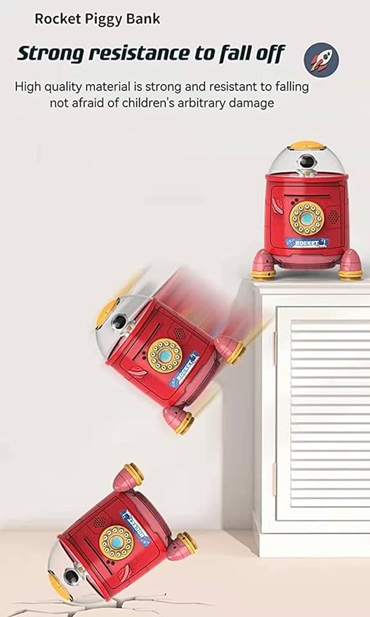 Musical【Large】 Rocket Type Money Safe Kids Piggy Savings Bank with Finger Print Sensor【Red】
