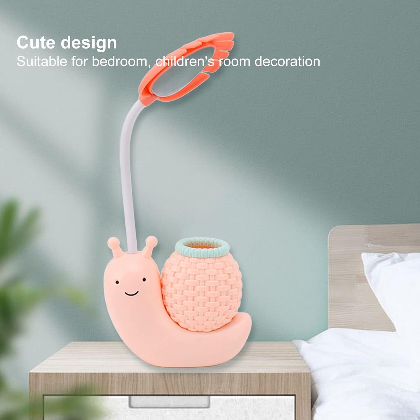 USB Charging Lamp Cute Eye-Caring Design Energy Saving Sensitive Portable Night Lamp with Pencil Holder for Kids (Pink)