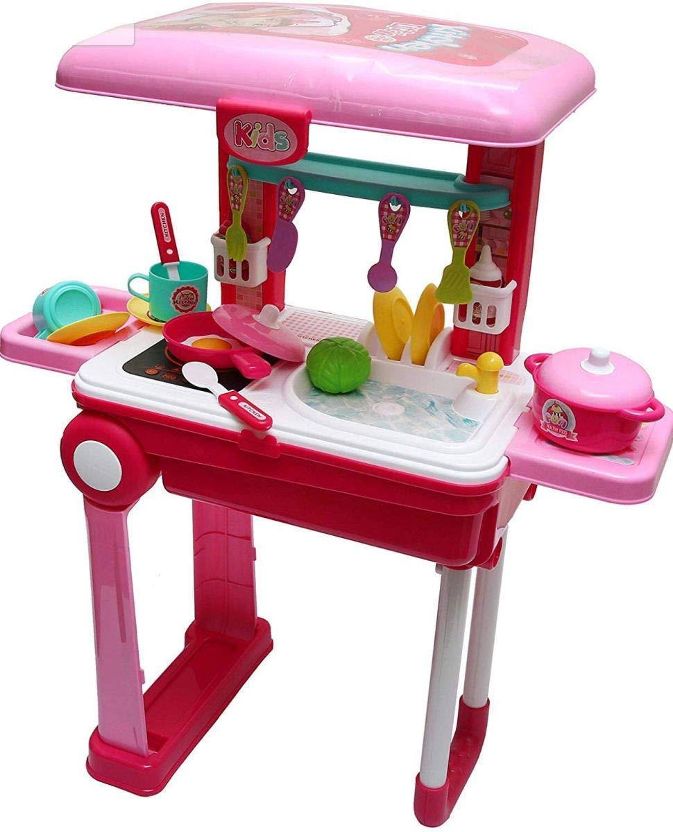 Spot Hunt 2 in1 Little Chef Trolley Kitchen Play Toy Set for Girls with Music & Light for Kids, Pink