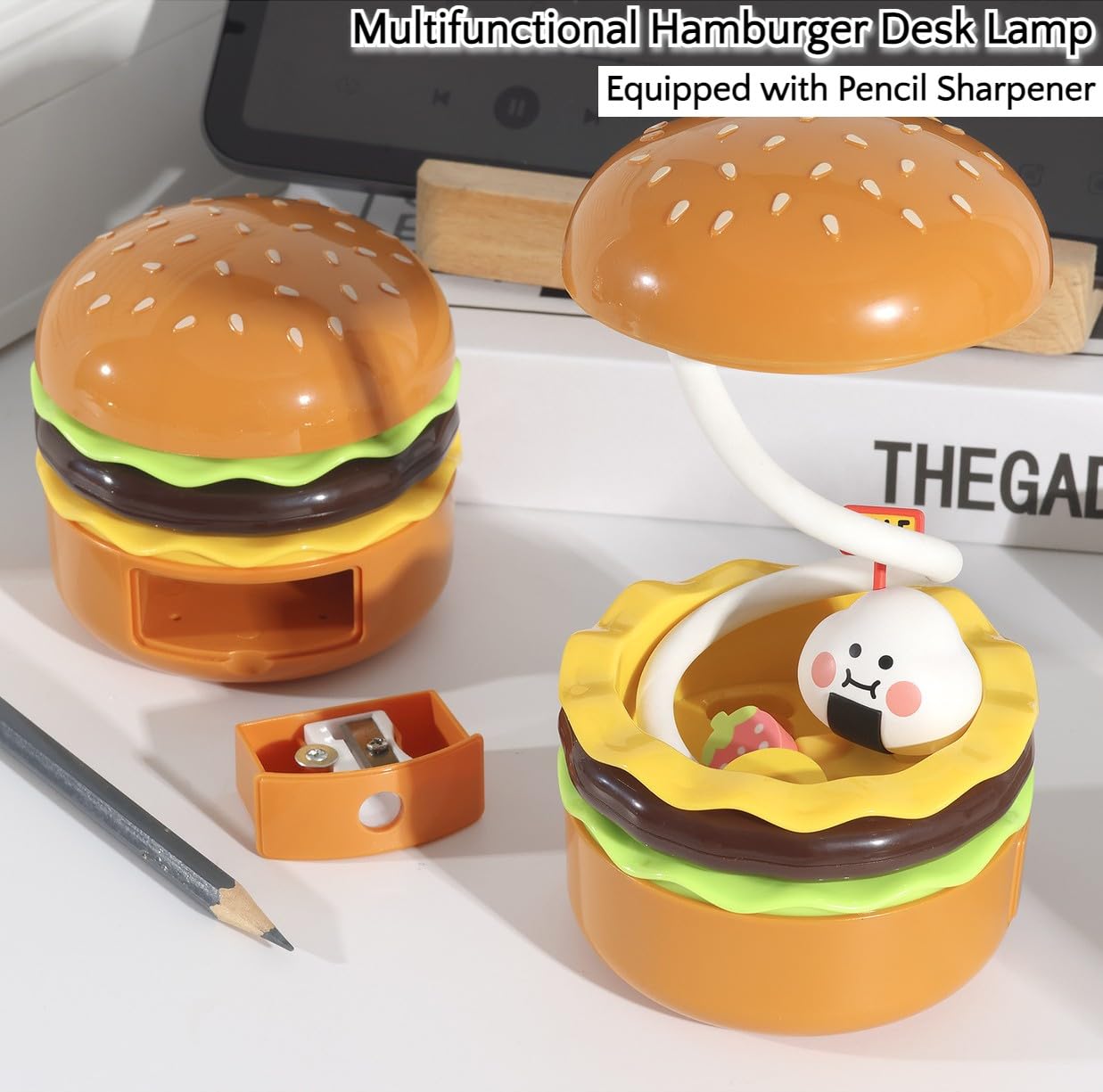 Spot Hunt Creative Hamburger Table Lamp with Pencil Sharpener Burger Design 360° Flexible Neck Study Desk Lamp USB Rechargeable Small LED Night Light for Kids & Adults Room, Home, Office Decoration