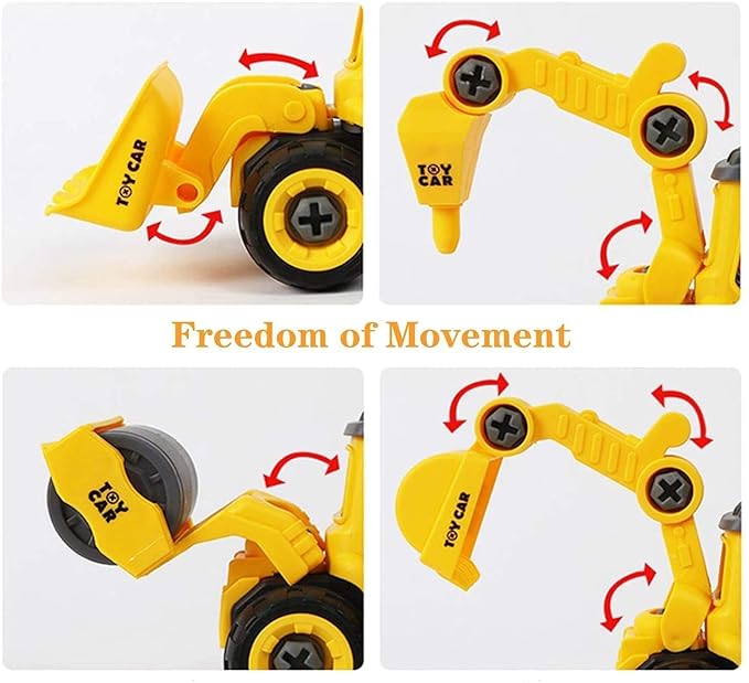 Spot Hunt Toy Vehicles Set of 4 DIY Take Apart Toys Construction Trucks with 1 Screwdriver Tools, Kids Building Cars , Bulldozer, Road Roller, Drill Truck (Yellow)