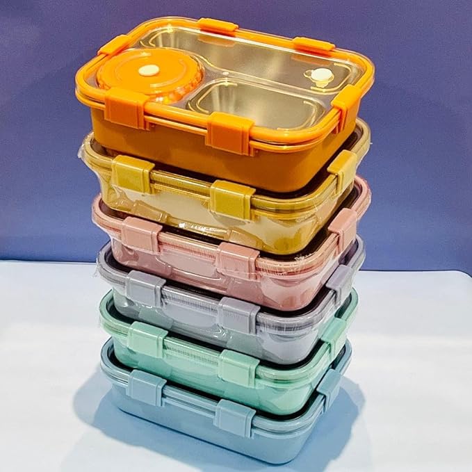 3 Compartment Stainless Steel Lunch Box with Soup Bowl, Spoon, Fork, Chopsticks Tiffin Box, School & Office - Multicolor (I)