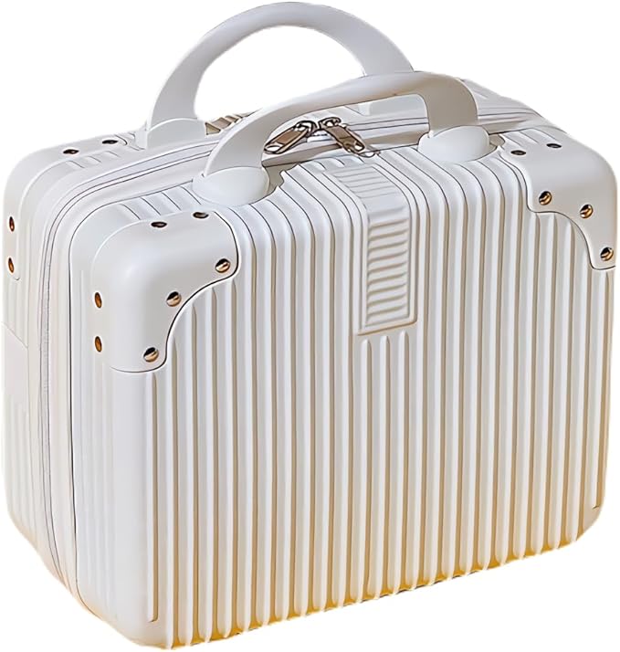 Portable Makeup Travel Briefcase, 12.6 inches, Pressure-resistant ABS, Hard shell cosmetic bag, suitable for travel, camping, women, girls, beige, stripes