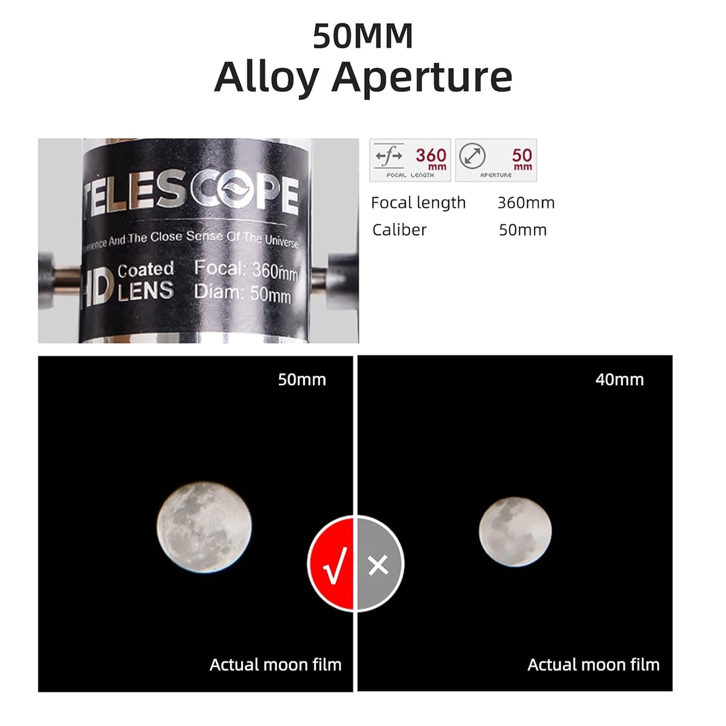 Telescopes for Kids Adults Beginners 50mm Alloy Aperture Astronomical Refractor Telescope 100mm Objective Lens 60x Magnification with Adjustable Tripod Finderscope Compass Birtay Gift for Girl