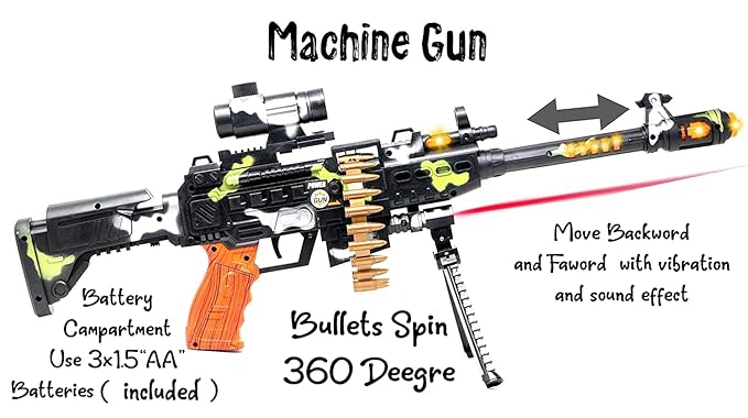 Plastic Musical Army Style Toy Machine Gun for Kids with Vibration - 25 Inches, 3 Yrs & Up, Multicolour