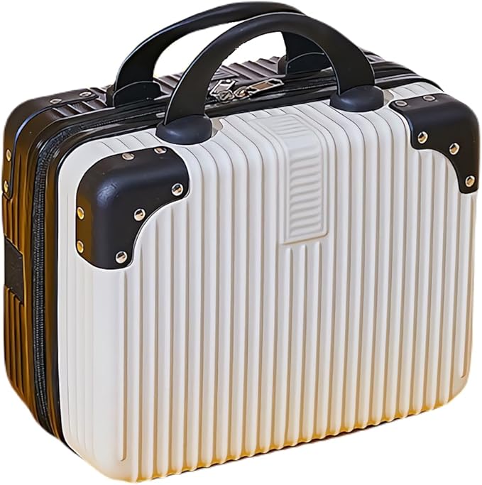 Portable Makeup Travel Briefcase, 12.6 inches, Pressure-resistant ABS, Hard shell cosmetic bag, suitable for travel, camping, women, girls, beige, stripes
