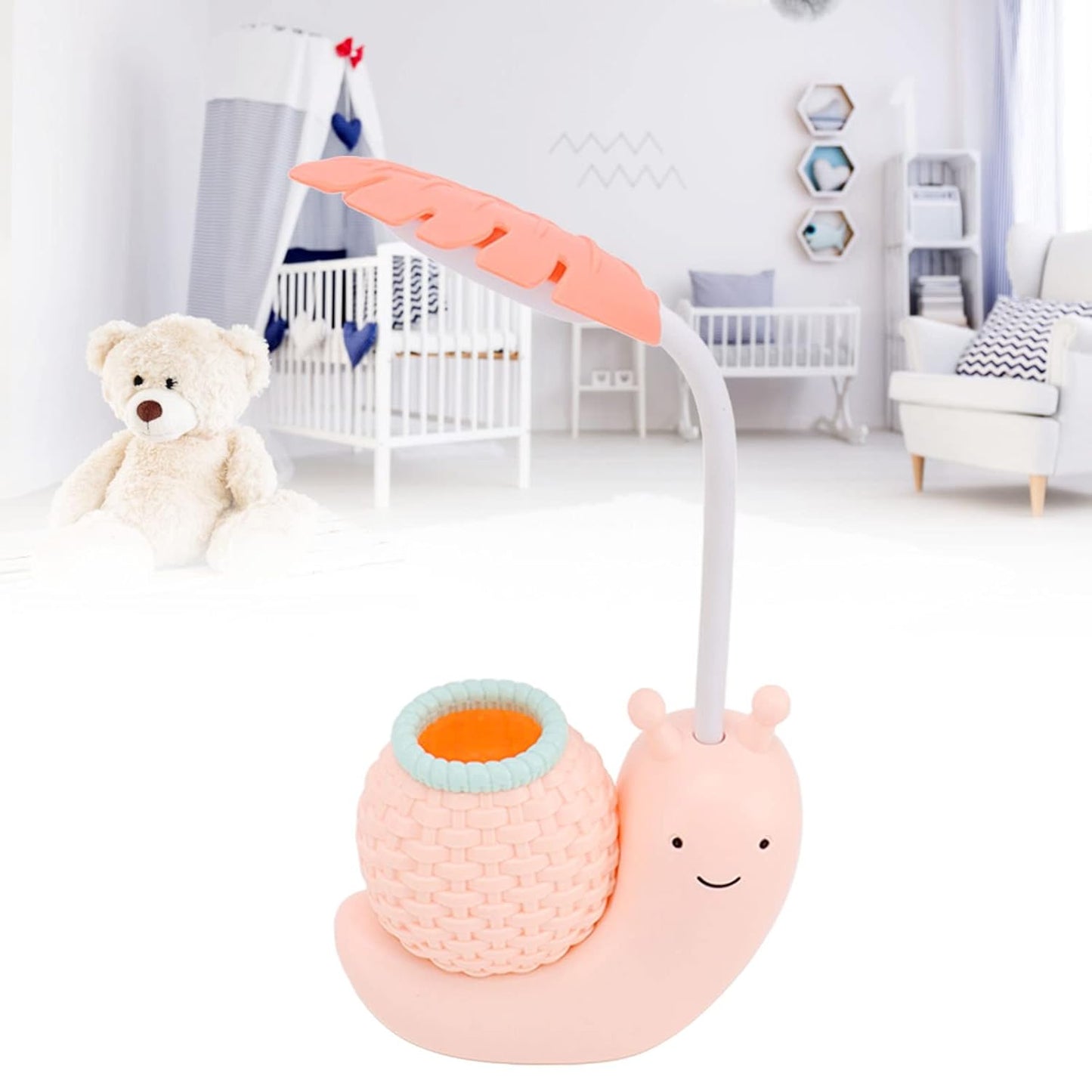 USB Charging Lamp Cute Eye-Caring Design Energy Saving Sensitive Portable Night Lamp with Pencil Holder for Kids (Pink)