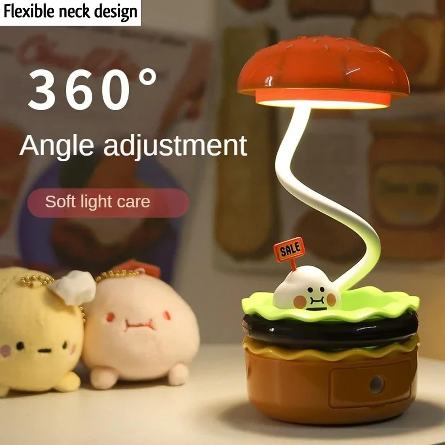 Spot Hunt Creative Hamburger Table Lamp with Pencil Sharpener Burger Design 360° Flexible Neck Study Desk Lamp USB Rechargeable Small LED Night Light for Kids & Adults Room, Home, Office Decoration