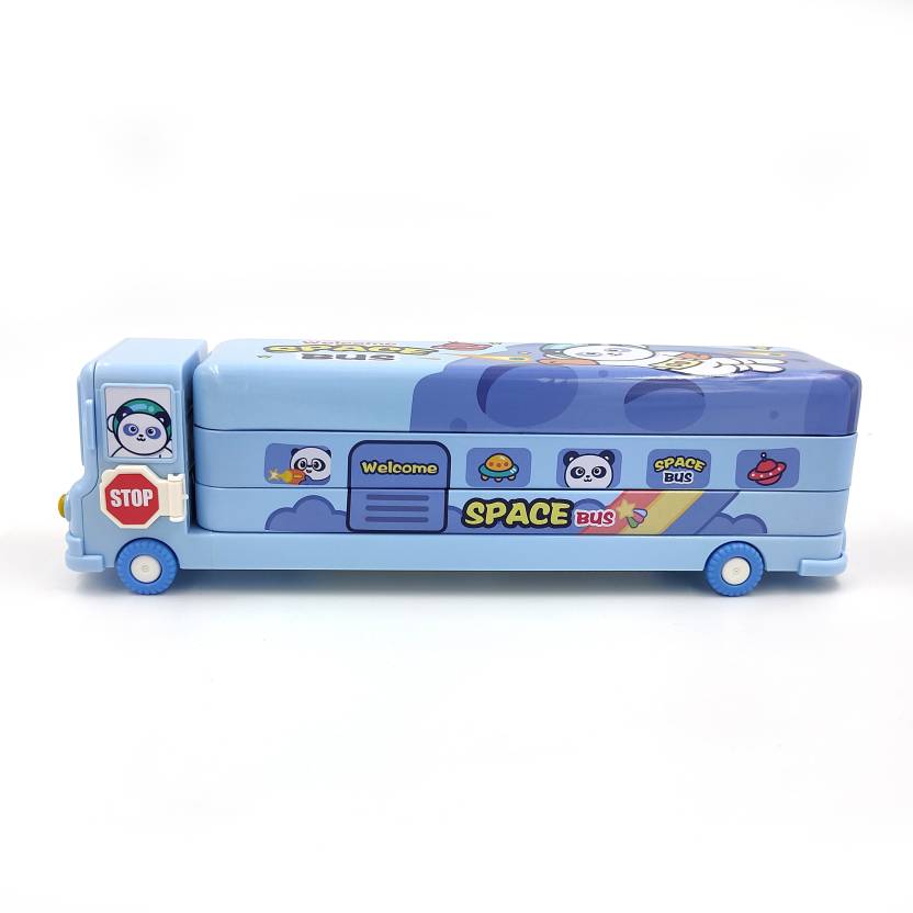 Spot Hunt Bus Pencil Box for Kids, Inbuild Sharpener with Dual Compartment Space Designed Bus, Cute Smile Face Front of The Bus Art Metal Pencil Box (Set of 1, Blue)