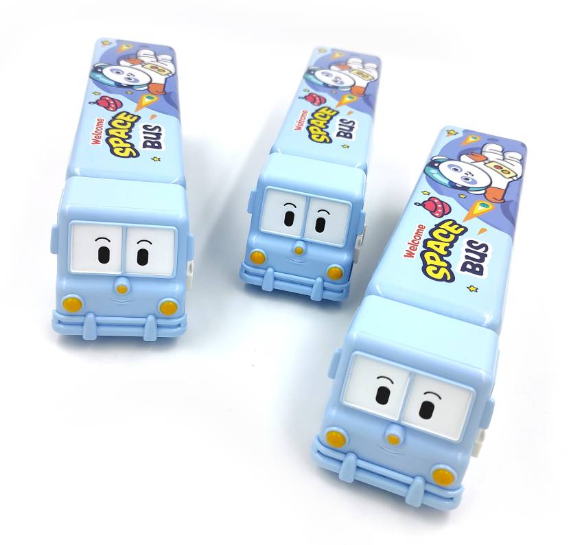 Spot Hunt Bus Pencil Box for Kids, Inbuild Sharpener with Dual Compartment Space Designed Bus, Cute Smile Face Front of The Bus Art Metal Pencil Box (Set of 1, Blue)