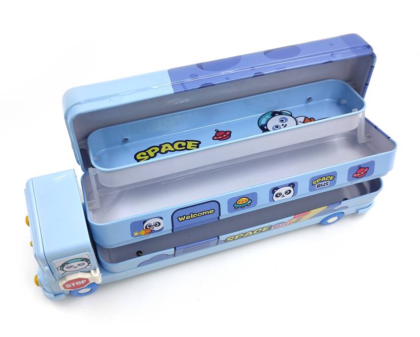 Spot Hunt Bus Pencil Box for Kids, Inbuild Sharpener with Dual Compartment Space Designed Bus, Cute Smile Face Front of The Bus Art Metal Pencil Box (Set of 1, Blue)