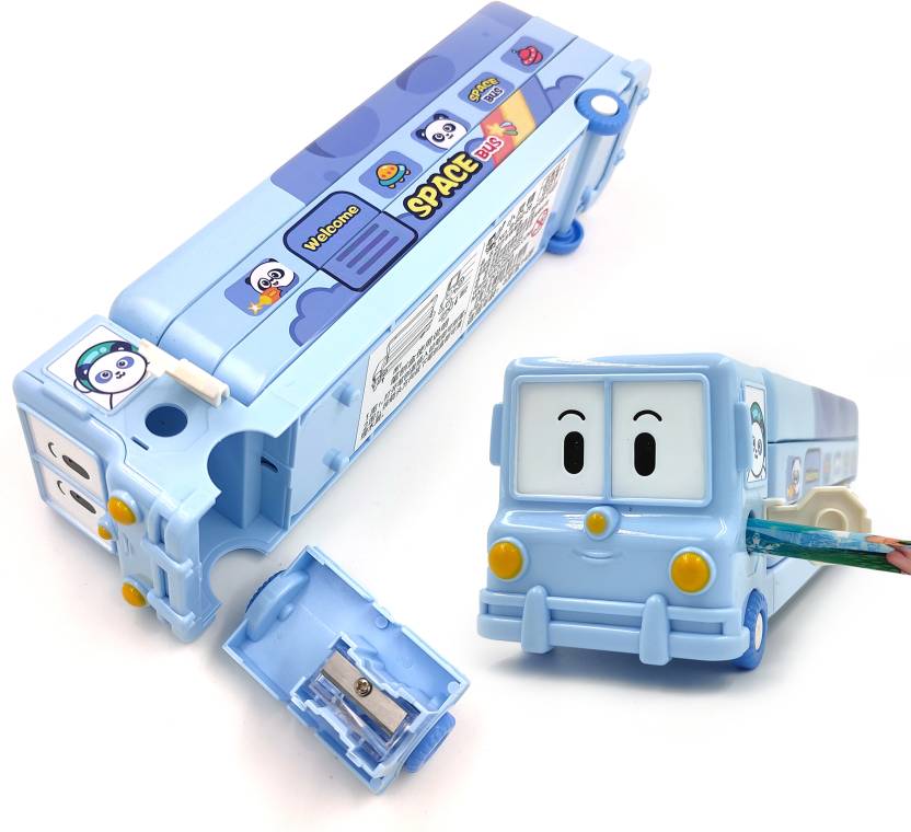 Spot Hunt Bus Pencil Box for Kids, Inbuild Sharpener with Dual Compartment Space Designed Bus, Cute Smile Face Front of The Bus Art Metal Pencil Box (Set of 1, Blue)