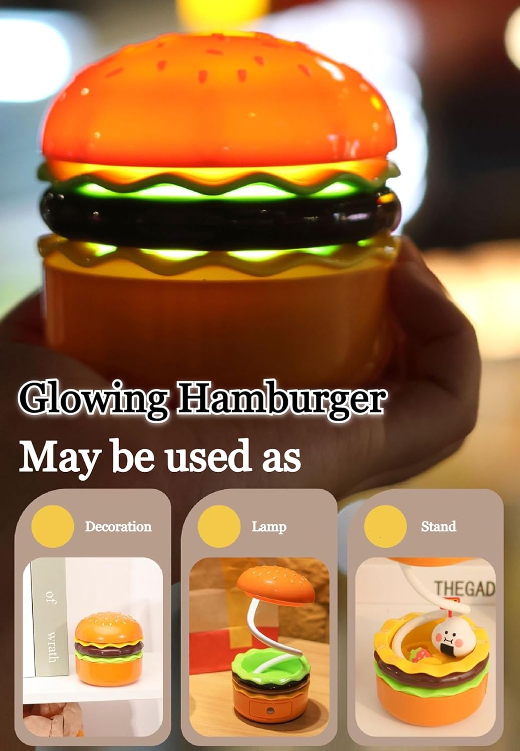 Spot Hunt Creative Hamburger Table Lamp with Pencil Sharpener Burger Design 360° Flexible Neck Study Desk Lamp USB Rechargeable Small LED Night Light for Kids & Adults Room, Home, Office Decoration