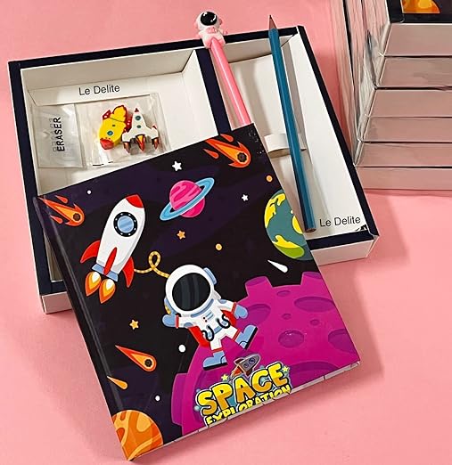 space diary/theme astronaut printed diary combo gift set for boys/girls kids/cute stylish school stationary notebook with gel pen,pencil & eraser for party favor return gifts under 300