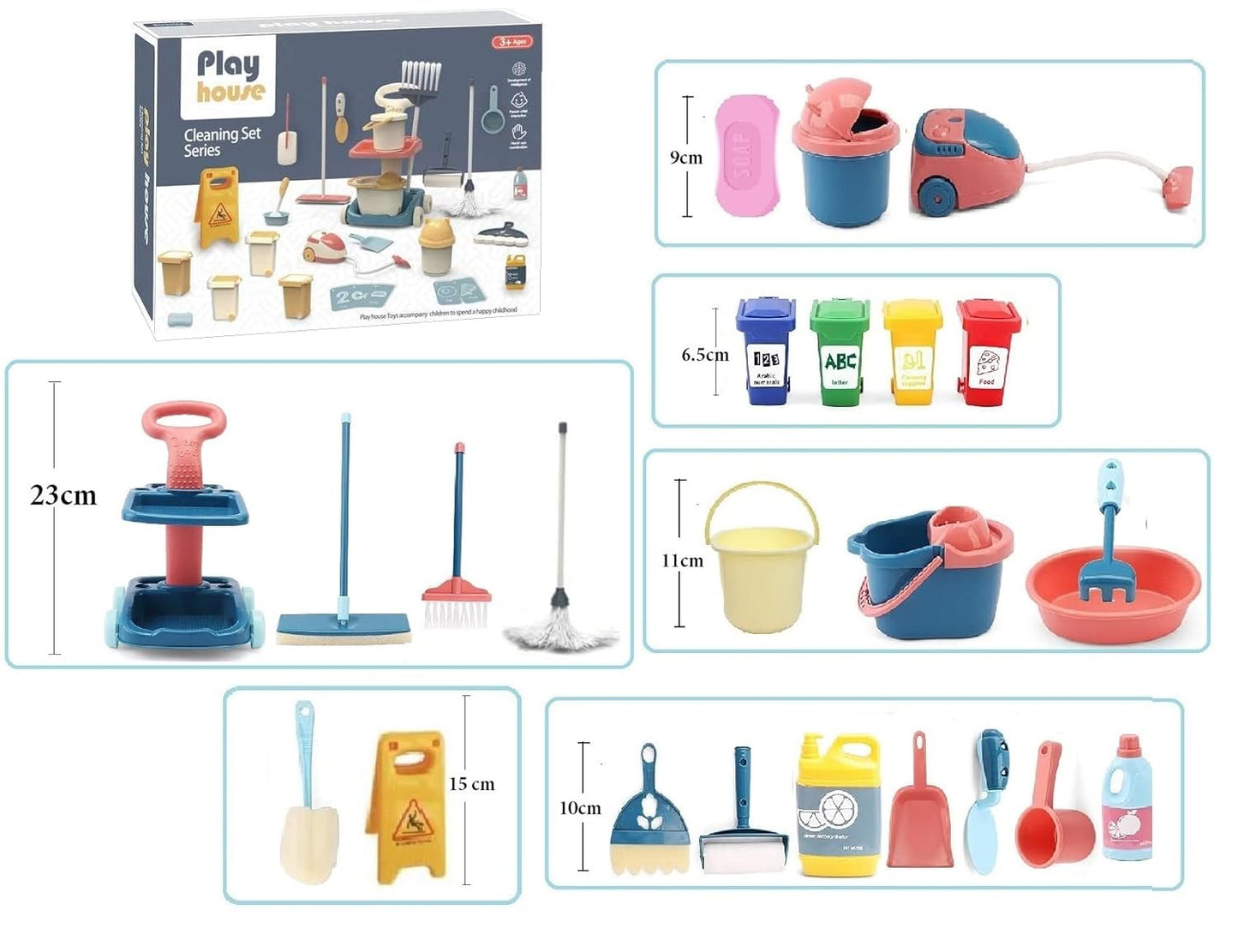 24 Pcs Kids Cleaning Mini Set - Toy Cleaning Set Includes Vacume, Broom, Mop, Brush, Dust Pan, Duster, Sponge, Bucket, Caution Sign, Trash Can - Toy Kitchen Toddler Cleaning Set