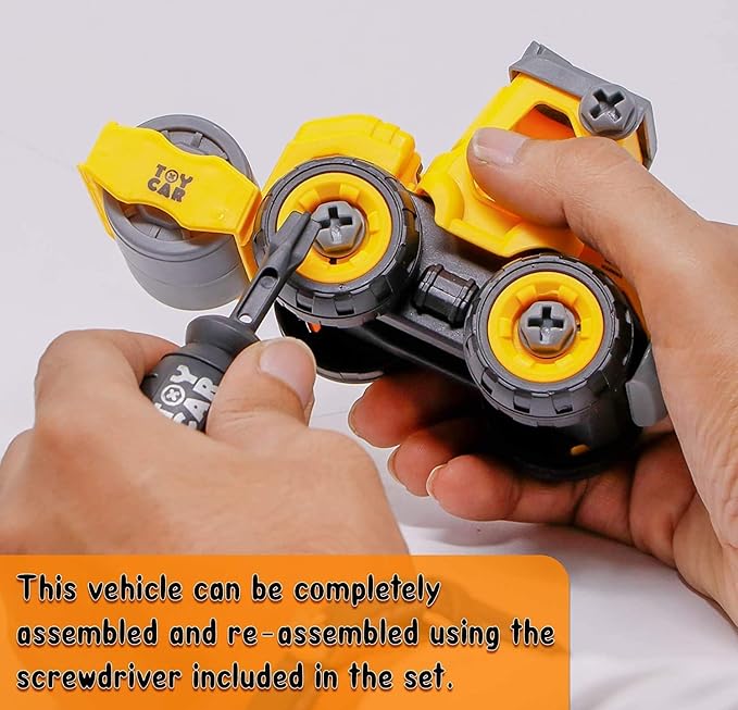 Spot Hunt Toy Vehicles Set of 4 DIY Take Apart Toys Construction Trucks with 1 Screwdriver Tools, Kids Building Cars , Bulldozer, Road Roller, Drill Truck (Yellow)