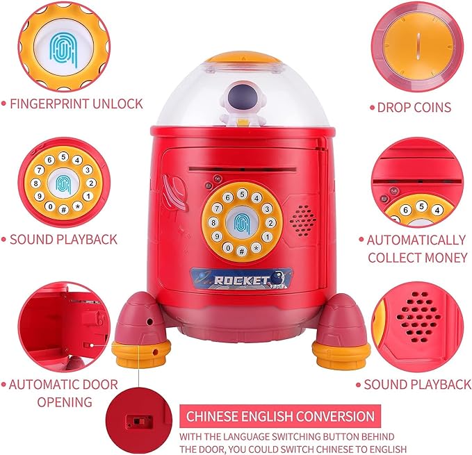 Musical【Large】 Rocket Type Money Safe Kids Piggy Savings Bank with Finger Print Sensor【Red】