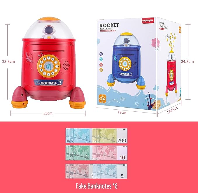 Musical【Large】 Rocket Type Money Safe Kids Piggy Savings Bank with Finger Print Sensor【Red】