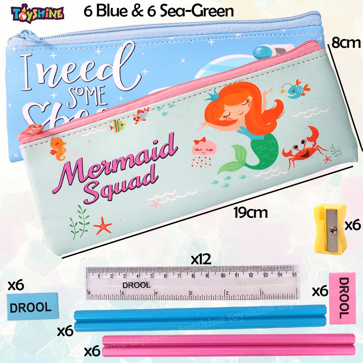 Pack of 12 Space and Mermaid Soft Pencil Storage Case Pouch with Stationery | Kids School Supply Organizer Students Stationery Pouch for Girls | Sea Green and Sky Blue, Return Gift Birthday Party