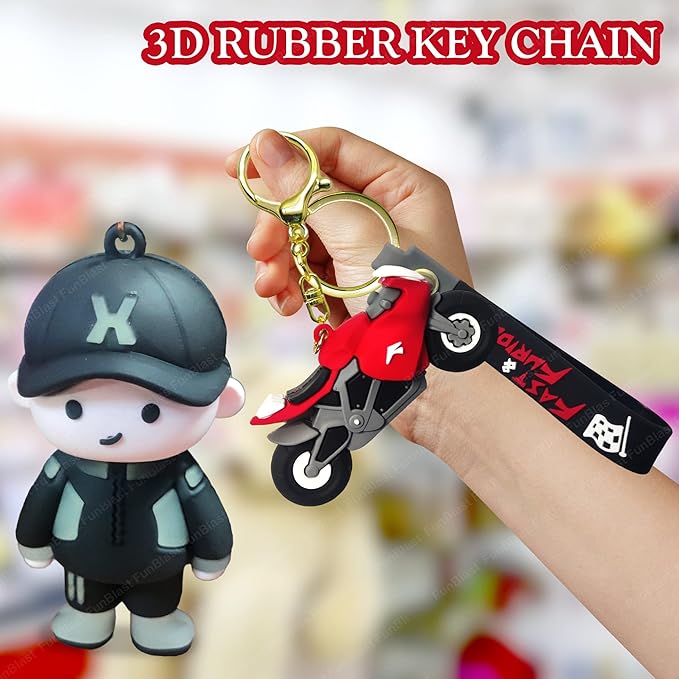 Racing Bike Rubber Key Rings/Keychain - Kawaii Keychain, 3D Rubber Key Chain, Stylish Design Cartoon Silicone Keyrings for Home, Office, Car Key Rings, Best Gift Keychains - Multicolor