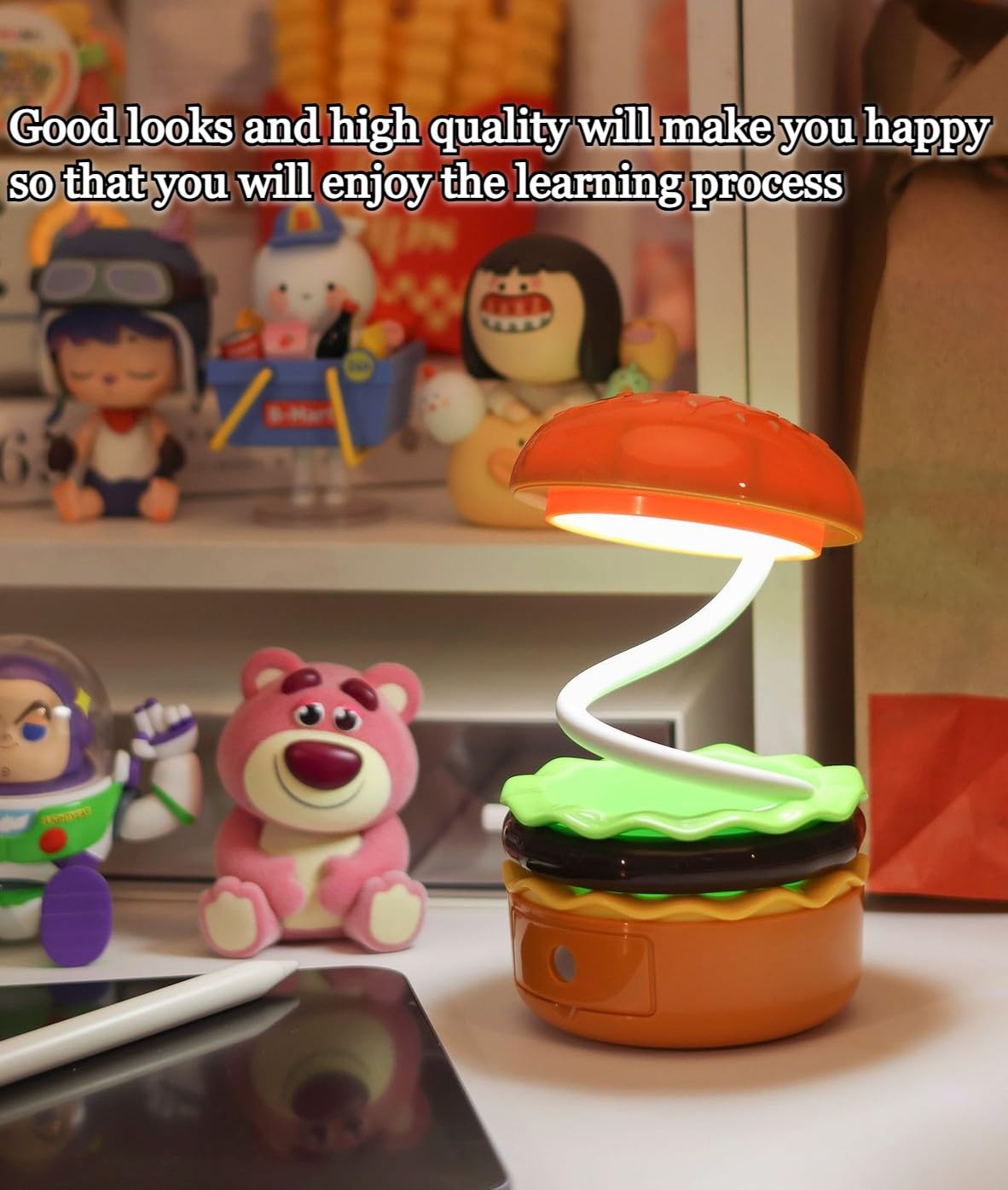 Spot Hunt Creative Hamburger Table Lamp with Pencil Sharpener Burger Design 360° Flexible Neck Study Desk Lamp USB Rechargeable Small LED Night Light for Kids & Adults Room, Home, Office Decoration