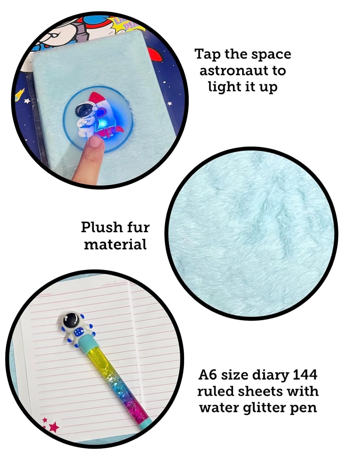 Space Fur Diary For Boys Kids/Astronaut Theme Space Plush Fur Diary Tap It up Led light diary With Pen, beat party return gift for kids
