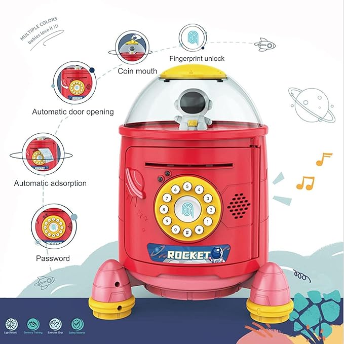 Musical【Large】 Rocket Type Money Safe Kids Piggy Savings Bank with Finger Print Sensor【Red】