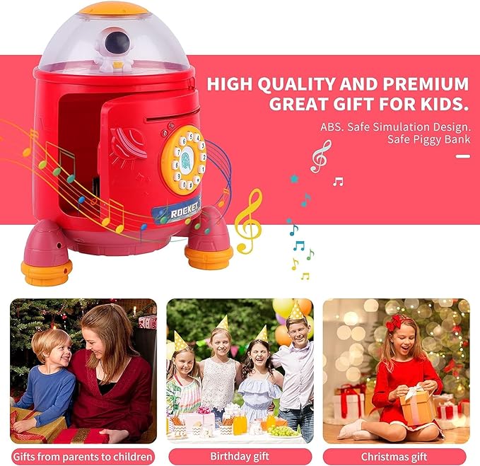 Musical【Large】 Rocket Type Money Safe Kids Piggy Savings Bank with Finger Print Sensor【Red】