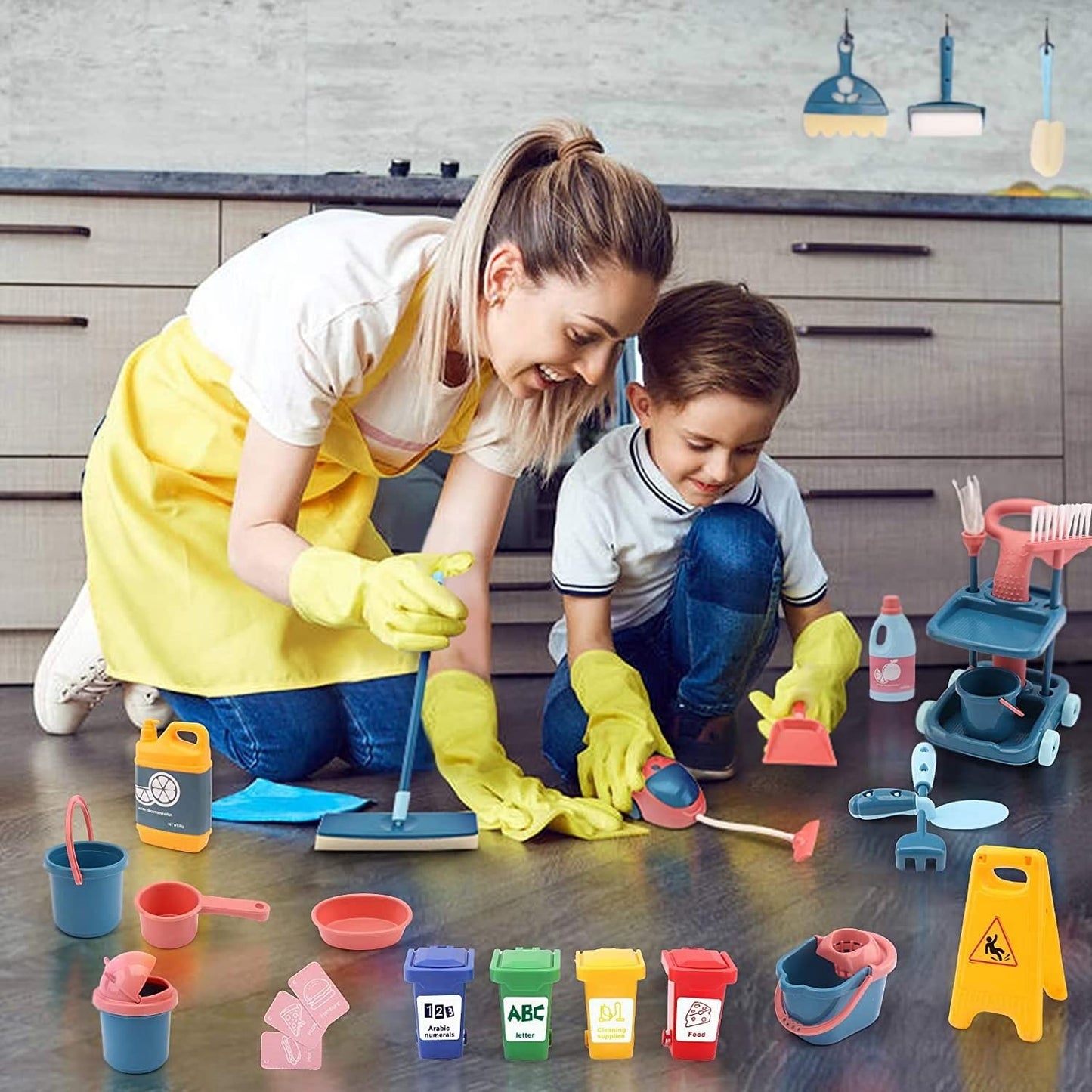 24 Pcs Kids Cleaning Mini Set - Toy Cleaning Set Includes Vacume, Broom, Mop, Brush, Dust Pan, Duster, Sponge, Bucket, Caution Sign, Trash Can - Toy Kitchen Toddler Cleaning Set