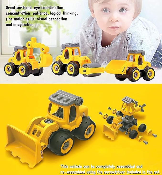 Spot Hunt Toy Vehicles Set of 4 DIY Take Apart Toys Construction Trucks with 1 Screwdriver Tools, Kids Building Cars , Bulldozer, Road Roller, Drill Truck (Yellow)
