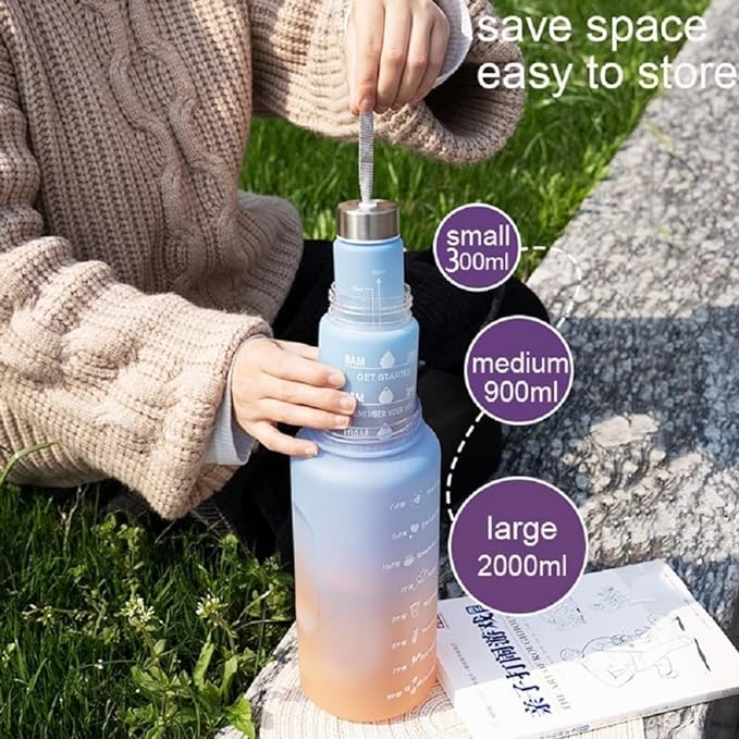 Set of 3 Water Bottle 2000ML, 900ML, 300ML with Motivational Time Marker, Leakproof Durable Sipper Water bottle for office,School, gym (Random Color Set of 3)