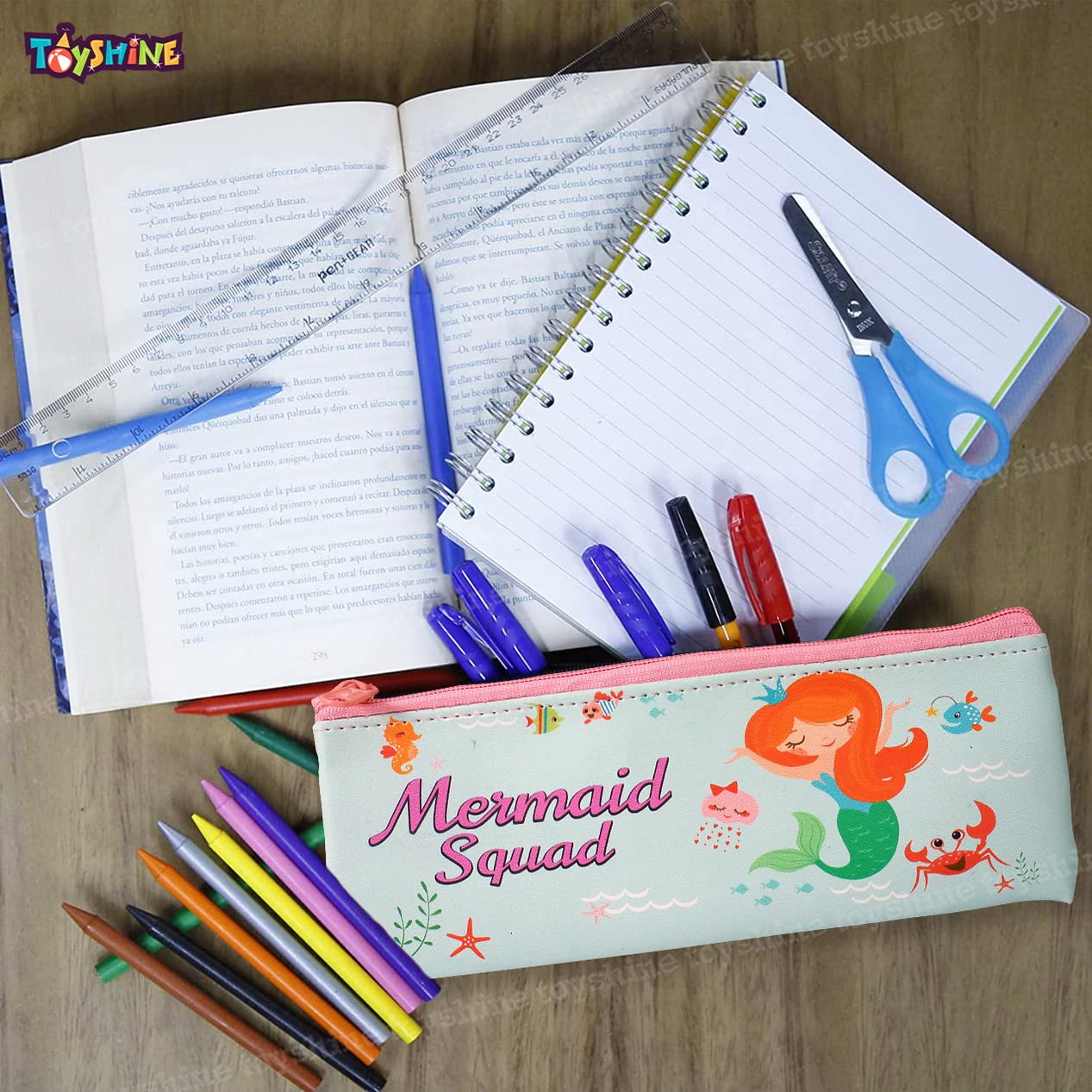 Pack of 12 Space and Mermaid Soft Pencil Storage Case Pouch with Stationery | Kids School Supply Organizer Students Stationery Pouch for Girls | Sea Green and Sky Blue, Return Gift Birthday Party