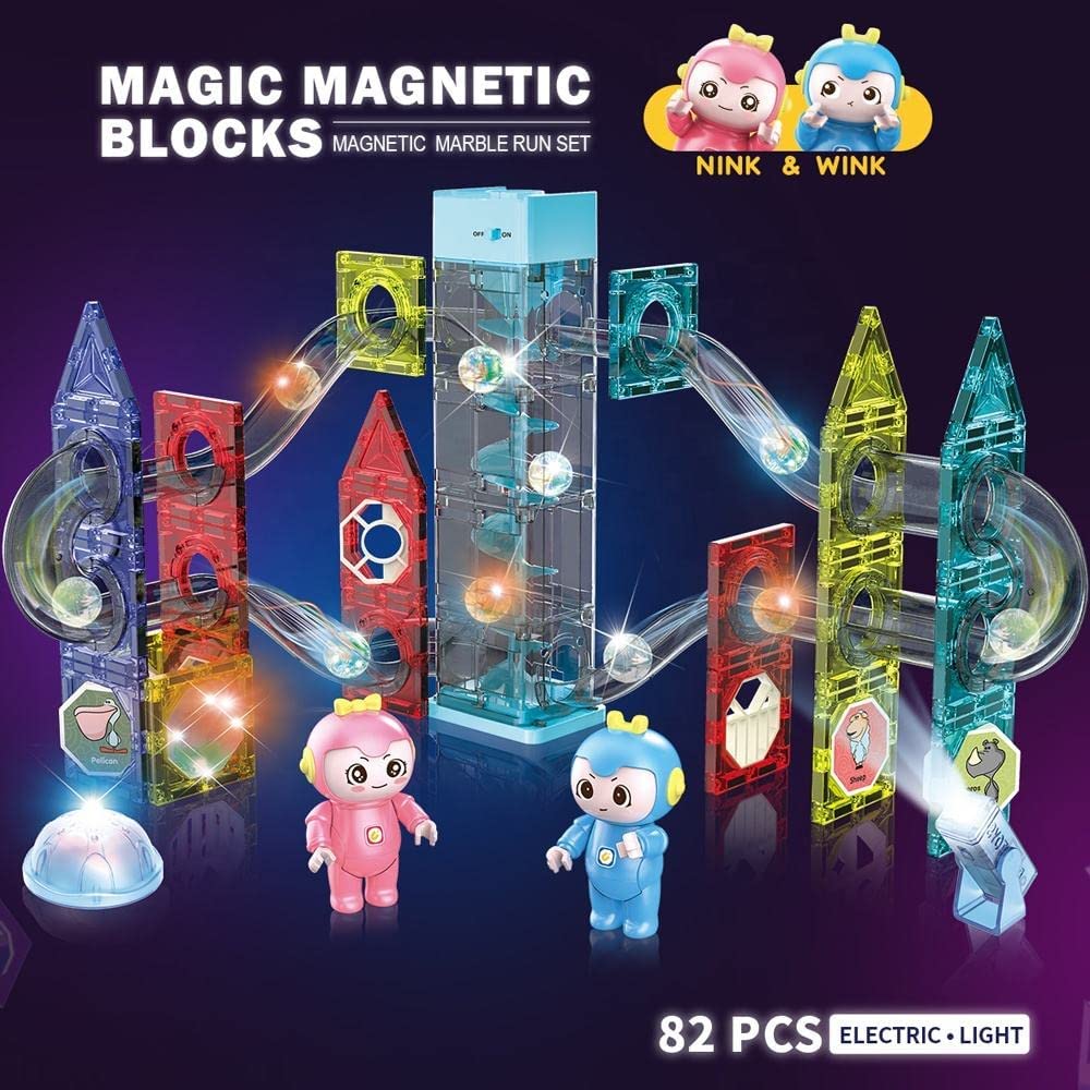 Light-Electric Magnetic Tiles- Building Blocks for Kids (82 Pieces) Elevator Marble Run | 3D STEAM Toys for Kids | Boys Girls