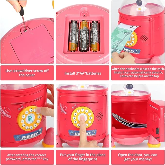 Musical【Large】 Rocket Type Money Safe Kids Piggy Savings Bank with Finger Print Sensor【Red】
