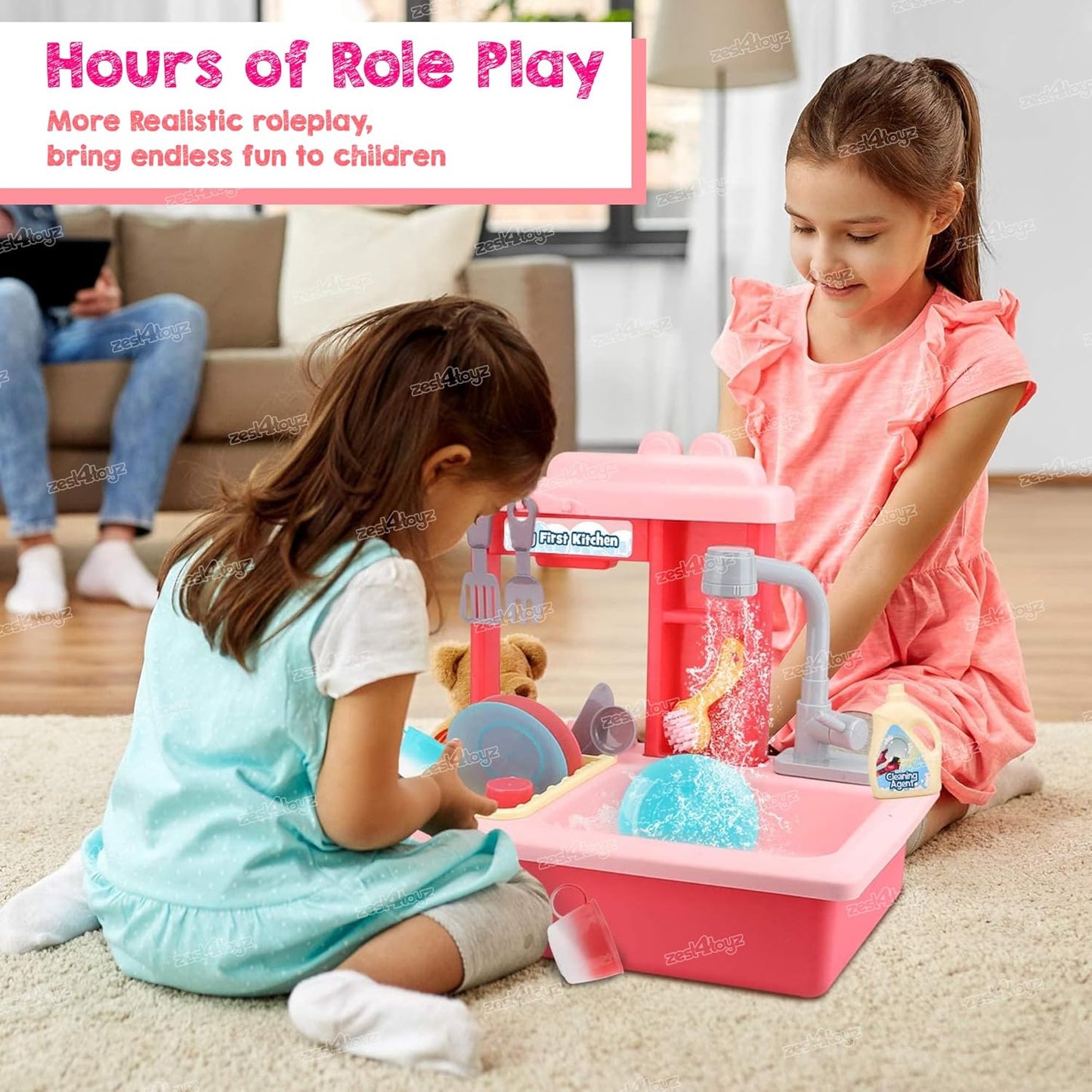 SPOT HUNT Kitchen Toy Sink Electronic Dishwasher Pretend Role Play Kitchen Toys Set with Working Faucet and Dishes Playset for Girls